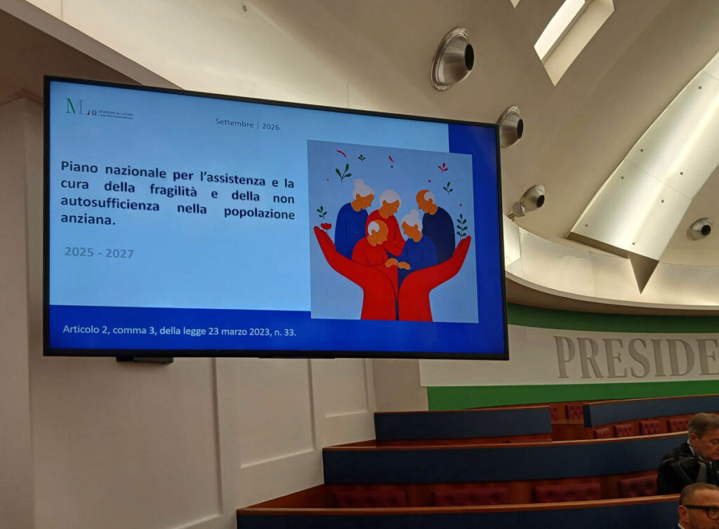 Slide del Ministero del Lavoro che presenta il Piano nazionale per la non autosufficienza 2025-2027 alla Presidenza del Consiglio